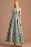 Jacquard Dusty Blue Corset Floral Strapless Maxi Formal Dress
