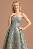 Jacquard Dusty Blue Corset Floral Strapless Maxi Formal Dress