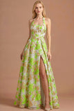 Light Green Jacquard Corset Floral A Line Long Formal Dress with Slit