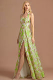 Light Green Jacquard Corset Floral A Line Long Formal Dress with Slit