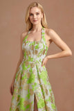 Light Green Jacquard Corset Floral A Line Long Formal Dress with Slit