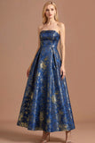 Blue Jacquard A Line Strapless Long Formal Dress