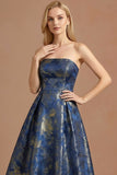 Blue Jacquard A Line Strapless Long Formal Dress