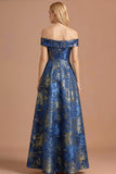 Blue Floral Off the Shoulder Jacquard Maxi Formal Dress
