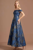 Blue Floral Off the Shoulder Jacquard Maxi Formal Dress