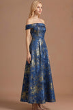 Blue Floral Off the Shoulder Jacquard Maxi Formal Dress
