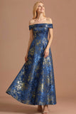 Blue Floral Off the Shoulder Jacquard Maxi Formal Dress
