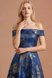 Blue Floral Off the Shoulder Jacquard Maxi Formal Dress