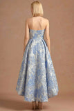 Dusty Blue High Low Floral Jacquard Maxi Wedding Guest Dress