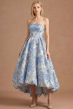 Dusty Blue High Low Floral Jacquard Maxi Wedding Guest Dress