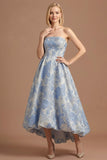 Dusty Blue High Low Floral Jacquard Maxi Wedding Guest Dress