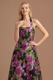 Black Floral A Line Halter Neck Long Formal Dress