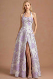 Lilac Floral Jacquard Halter Neck Long Formal Dress with Slit