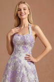 Lilac Floral Jacquard Halter Neck Long Formal Dress with Slit