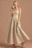 Jacquard Champagne Spaghetti Straps Floral Long Wedding Guest Dress