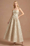 Jacquard Champagne Spaghetti Straps Floral Long Wedding Guest Dress