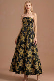 Golden Floral Jacquard A Line Strapless Maxi Formal Dress