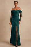 Dark Green Ruched Off the Shoulder Long Wedding Guest Dress with Slit