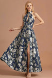 Navy Floral Jacquard Halter Neck A Line Maxi Formal Dress with Slit