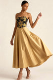 Golden A Line Floral Strapless Backless Long Formal Dress