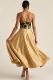 Golden A Line Floral Strapless Backless Long Formal Dress
