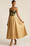 Golden A Line Floral Strapless Backless Long Formal Dress