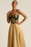 Golden A Line Floral Strapless Backless Long Formal Dress
