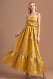 A Line Yellow Appliqued Strapless Long Formal Dress with Bow