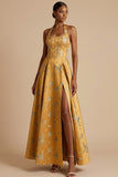 A Line Yellow Corset Long Formal Dress with Slit