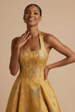 A Line Yellow Corset Long Formal Dress with Slit