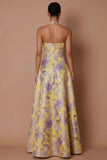 Yellow Jacquard Corset Halter Neck Floral Long Formal Dress