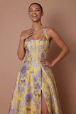 Yellow Jacquard Corset Halter Neck Floral Long Formal Dress