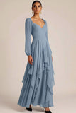Dusty Blue Ruffled Chiffon Long Wedding Guest Dress