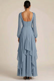 Dusty Blue Ruffled Chiffon Long Wedding Guest Dress