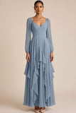 Dusty Blue Ruffled Chiffon Long Wedding Guest Dress