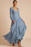 Dusty Blue Ruffled Chiffon Long Wedding Guest Dress