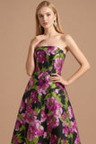 Black Floral A Line Strapless Backless Long Formal Dress