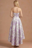 Lilac Jacquard Floral High-Low Strapless Long Prom Dress