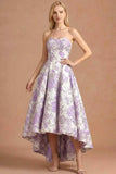 Lilac Jacquard Floral High-Low Strapless Long Prom Dress