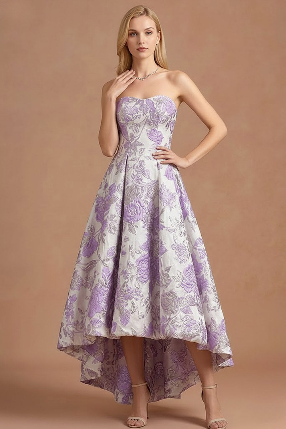 Leely Women Lilac Jacquard Floral Strapless Long Prom Dress Backless ...