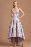 Lilac Jacquard Floral High-Low Strapless Long Prom Dress