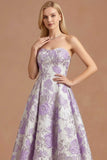 Lilac Jacquard Floral High-Low Strapless Long Prom Dress