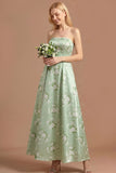 Green Floral A Line Strapless Long Bridesmaid Dress