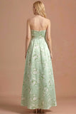 Green Floral A Line Strapless Long Bridesmaid Dress