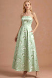 Green Floral A Line Strapless Long Bridesmaid Dress