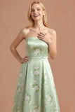 Green Floral A Line Strapless Long Bridesmaid Dress