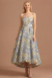 Dusty Blue Jacquard Floral Corset Long Prom Dress