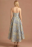 Dusty Blue Jacquard Floral Corset Long Prom Dress