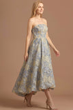 Dusty Blue Jacquard Floral Corset Long Prom Dress
