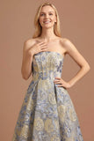 Dusty Blue Jacquard Floral Corset Long Prom Dress